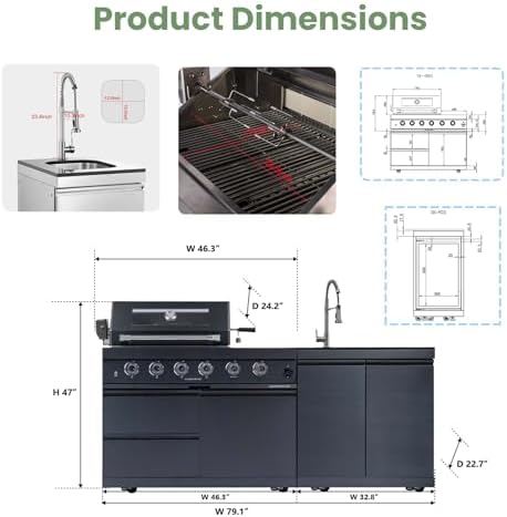 79" Rolling Outdoor Kitchen Island with Built-In 4-Burner 72,000 BTU Stainless Steel Propane Grill & Rotisserie Oven, Featuring Granite Countertops and Stainless Steel Sink.(Black + Sink, Propane Gas) - Image 3