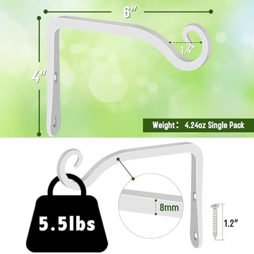 FEED GARDEN Heavy Duty Plant Hooks - 2 Pack 6 Inch Wall Mounted Hanging Brackets, 44lb Capacity Steel Plant Hangers for Bird Feeders, Baskets, Wind Chimes - White - Image 2