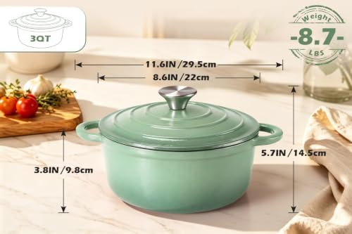 Leonyo 3-Quart Small Enameled Cast Iron Dutch Oven with Lid,Pistachio Green - Image 2
