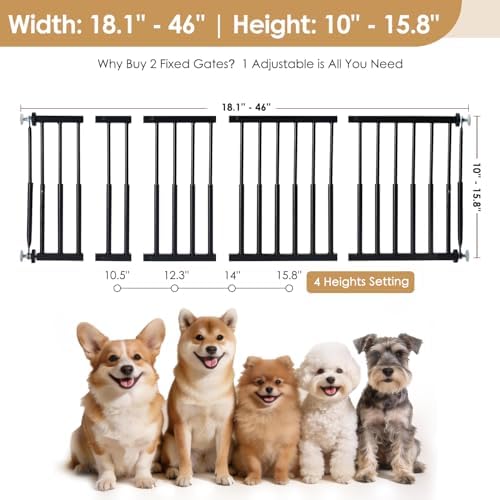 10''-15.8'' Height Adjustable Dog Gate, Extra Wide 18.1"-46" All Metal Short Dog Gate to Step Over, Pressure Mount Small Pet Puppy Gate for Stairs & Doorways(Black) - Image 4