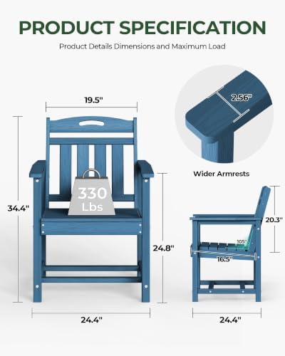 HDPE Outdoor Patio Dining Chairs with Wide Seat, Oversized, Navy Blue - Image 3