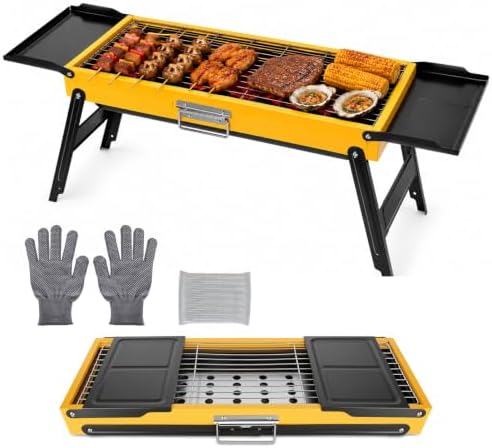 Portable Charcoal Grill Stainless Steel, Small Foldable BBQ Suitcase with Portable Side Shelves & Heat Resistant, Lightweight Tabletop Barbecue for Camping Picnic Backyard Beach Travel by TeqHome