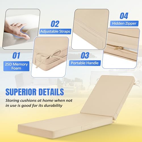Basic Beyond Chaise Lounge Cushions Outdoor, 3-Layer Waterproof Outdoor Furniture Cushions with Removable Cover and 4 Ties, 72"x21"x3" Patio Lounge Chair Cushions for Outdoor Furniture, Beige - Image 3