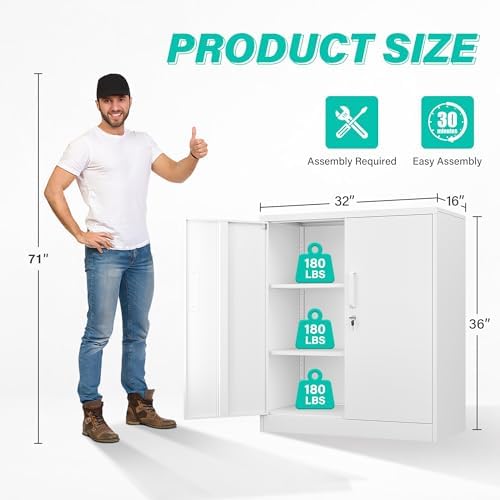 SISESOL White Metal Storage Cabinet with Doors and Shelves,36 inch Small Metal Cabinet with Lock,Short Garage Storage Cabinets,Locking Steel Cupboard for Home,Office,Kitchen,Garages - Image 3