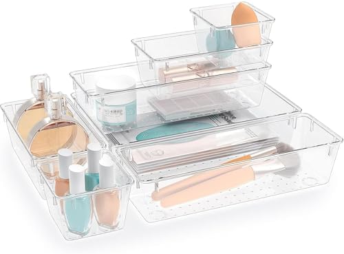 7 PCS Plastic Drawer Organizers Set, 4 Size Desk Drawer Organizer Trays by StorMiracle