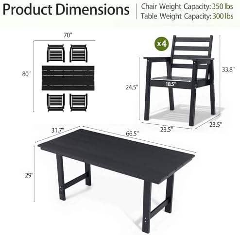5-Piece Outdoor Dining Set, All-Weather HDPE Patio Furniture, 66.5" Slatted Table with 1.6" Umbrella Hole & 4 Ergonomic Armchairs, Heavy Duty 350lbs Capacity, UV Resistant, Black - Image 2