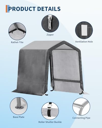 GarveeLife Outdoor Portable Storage Shed with Roll-Up Door & Vent, 240G Heavy-Duty Shelter Waterproof PE Tarp, UV-Resistant Storage Sheds for Motorcycle, Firewood, Garden and Tools (Gray, 6'x6') - Image 7