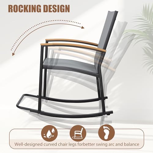 Shintenchi 3 Piece Outdoor Rocking Bistro Set, Textilene Fabric Small Patio Furniture Set, Front Porch Rocker Chairs Conversation Set with Table for Lawn, Garden, Balcony, Poolside (Light Gray) - Image 4