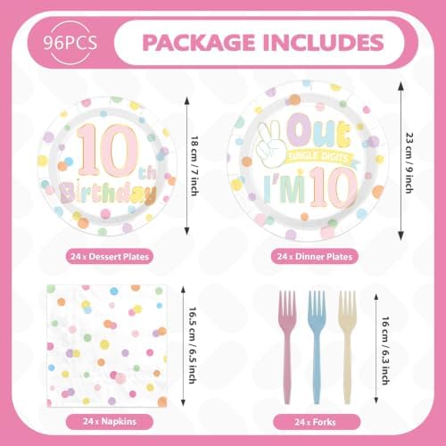 96Pcs Rainbow 10th Polka Dot Party Supplies Serves 24 - Image 5