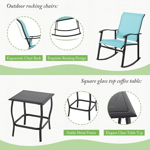 Shintenchi 3 Piece Rocking Bistro Set, Outdoor Furniture with Rocker Chairs and Glass Coffee Table Set of 3, Balcony, Porch Furniture for Small Space, Blue - Image 5