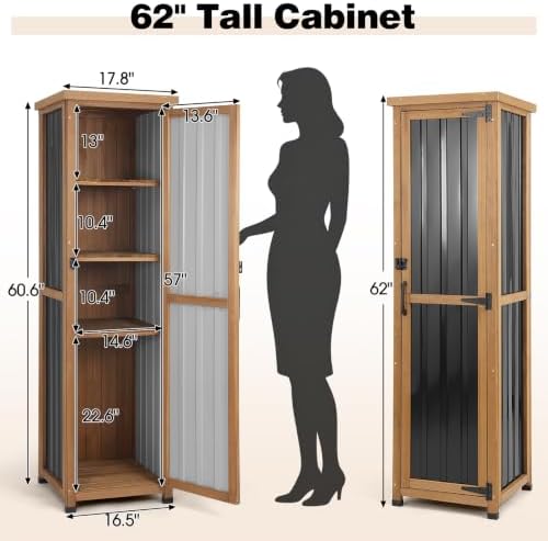 62" H Tall Narrow Outdoor Storage Cabinet with Metal Top, Outdoor Shed Storage Unit Waterproof with Adjustable Shelves for Garden, Patio, Living Room, or Entryway Storage, Black - Image 6