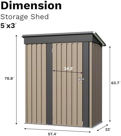JUMMICO Metal Outdoor Storage Shed 5 x 3 FT Metal Shed with Lockable Door,Waterproof Garden Tool Shed Storage House for Backyard Patio Lawn, Brown - Image 3