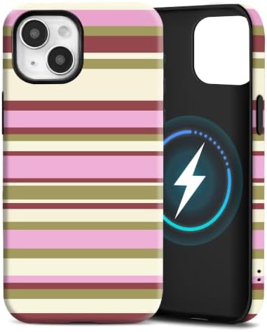 for iPhone 14 Plus Case, Magnetic Matte Frosted Dual-Layer Striped Phone Case for Women, Retro Aesthetic Cover Compatible with MagSafe Accessories - Berry Sage by YKCZL