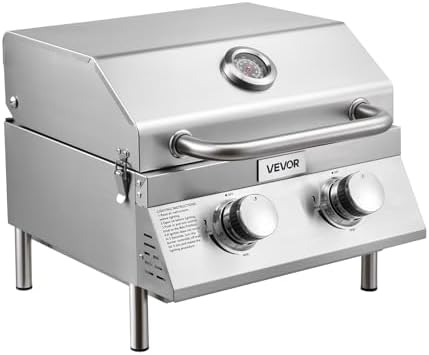 VEVOR Tabletop Gas Grill, 2-Burner Stainless Steel Portable Propane Grill, with Built-in Thermometer, Travel Locks, Weatherproof Lid, 15,000 BTU Total, for Outdoor Cooking, Patio, Party, Camping, RV by VEVOR