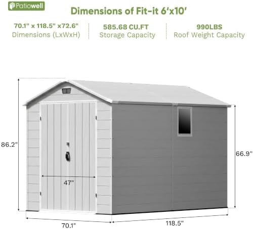 Patiowell 6X10 FT Plastic Outdoor Storage Shed with Floor, Light Grey - Image 3