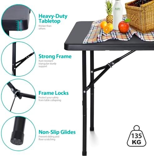 SUPER DEAL Portable 4 Foot Plastic Folding Table, Indoor Outdoor Heavy Duty Fold-in-Half Picnic Party Camping Barbecues Table with Carrying Handle, Black - Image 6