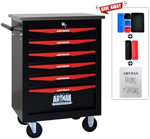 6-Drawer Heavy-Duty Rolling Steel Tool Cart with Handle&Wheels, Metal Storage Organizer Cabinet, Tool Chest for Efficient Tool Storage in Garage, Warehouse, Workshop, Repair Shop, Black&RED - Image 4