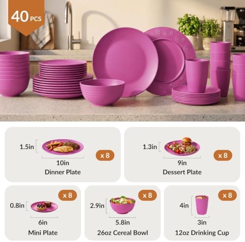40-Piece Kitchen Plastic Wheat Straw Dinnerware Set, Dish Set for 8, Dinner Plates, Dessert Plate, Cereal Bowls, Cups, Appetizer Plates,Unbreakable Plastic Outdoor Camping Dishes,Pink - Image 2