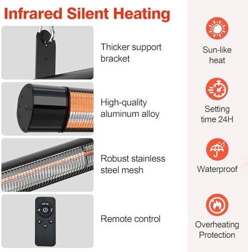 Electric Hanging Patio Heater with remote control, built in Temperature Control, Wall mounted or ceiling mounted, Suit for Outdoor, 1500W, Black - Image 4