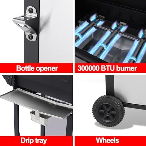 3 Burner Propane Gas Grill, Stainless Steel Cabinet with Side Table & Full-Size Grease Tray, BBQ Grills with Thermometer for Outdoor Cooking, Patio, BBQ - Image 3