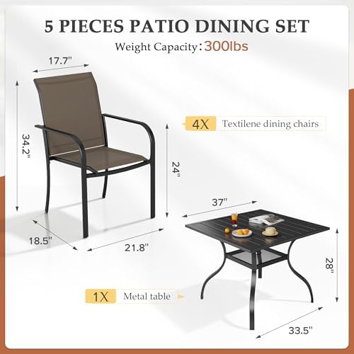 Incbruce 5 Pieces Patio Dining Set, Outdoor Dining Set of 4 Textilene Chairs and Square Table with Umbrella Hole for Backyard, Garden, and Poolside (Brown) - Image 6