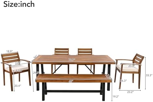 6-Pcs Outdoor Patio Dining Table & Chair & Bench Set for 6, Wooden Outdoor Dining Table Set with Removable Cushion, 6-Pcs, Wood - Image 2