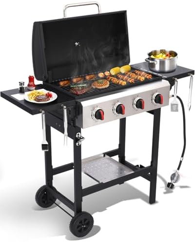 4 Burner Propane Gas Grill, Portable BBQ Grill with Cast Iron Grate & Griddle Pan, Folding Side Table for Camping Backyard, 40000 BTU Easy-Clean Outdoor Cooking by Unknown