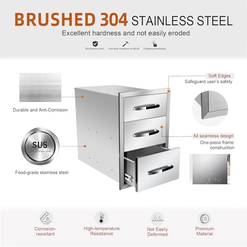 Pull Out Trash Drawer, Lower Sliding Rails Stainless Steel Roll Out Trash Bin Pull Out Tray With Handle For Outdoor Kitchen BBQ Island Grill Station,Three Drawers - Image 6