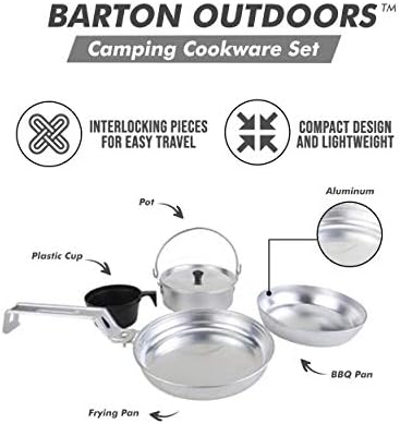 Camping Cookware - Set of 4 - Aluminum - Interlocking Pieces for Easy Travel - Including Frying Pan, BBQ Pan, Pot, and Plastic Cup - Image 2
