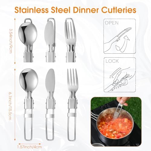 Funnymoom 14 Piece Camp Cooking Set, Stainless Steel Camping Cookware with Pot and Pan Kit 2 Set Stainless Steel Cups Plates Forks Knives Spoons for Camping, Backpacking, Outdoor Cooking and Picnic - Image 4