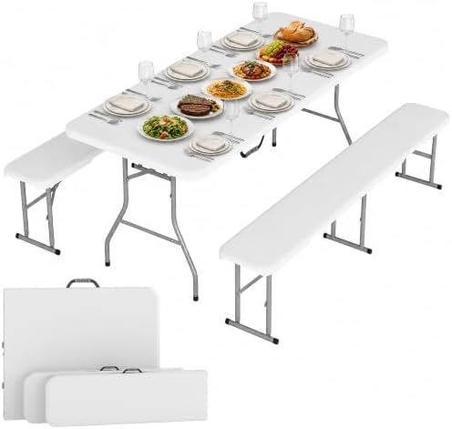 Outsunny 6FT 3-Piece Portable Picnic Table Bench Set Folding Handles White by Outsunny