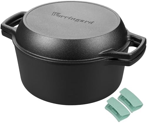 VORRINGARD Pre-seasoned Cast Iron Double Dutch Oven Pot with Skillet Lid, Dual-handle, for Bread Baking, Outdoor, Campfire Cooking, 5 Quart by Unknown