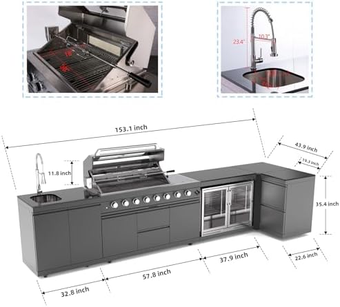 153 Inch Outdoor Kitchen Island, 96000 BTU Propane Gas Grill Combination With Refrigerator and Sink, Drawer Cabinet, Outdoor Stainless Steel Barbecue Bar, BBQ Grill for Patios, Gardens, Parties - Image 2