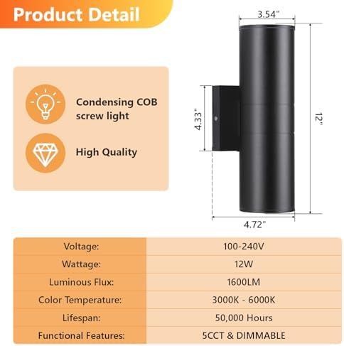 DAKAFUL 5CCT Dimmable Wall Lights Outdoor 2 Packs, 3000K 5000K 6000K Integrated LED Cylinder Up Down Modern Aluminum Light, Waterproof Exterior Light for Porch Patio Door Garage Indoor - Image 7
