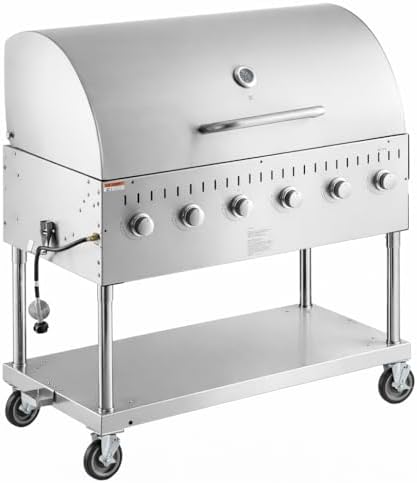 Commercial Stainless Steel Outdoor Liquid Propane Grill with Roll Dome Lid, 48" Cooking Surface, 6 Burners, 96,000 BTU, for Restaurant Patio, Resort, Catering, Outdoor Kitchen, Hotel by Krollen+Industrial