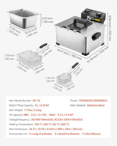 VEVOR Commercial Deep Fryer, Stainless Steel Countertop Fryer with Baskets & Lids, Temp Control, Overheat Protection, for Commercial Restaurant, Single Fryer-9.5Qt - Image 7