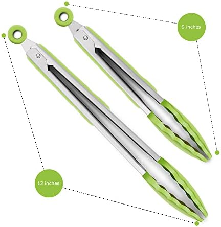 2 Pack Silicone Kitchen Tongs, 9 & 12 Inch, Stainless Steel, Light Green - Image 4