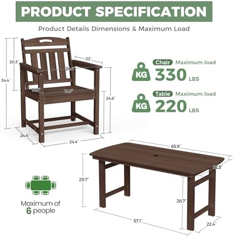HDPE Outdoor Patio Dining Table with 2" Umbrella Hole, Brown - Image 3