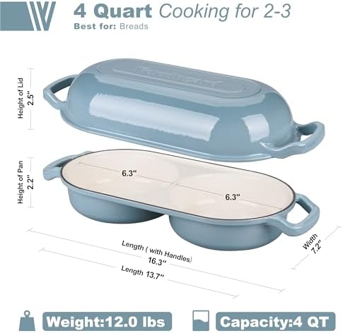 VORRINGARD Enameled Cast Iron Double Dutch Oven with Lid, Dual Round Loaf Pan, Bread pan for Homemade Sourdough Bread Baking, Sea salt - Image 2