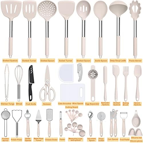 Silicone Cooking Utensil Set, Umite Chef 43 PCS Heat Resistant Kitchen Utensil Gadgets Set-Stainless Steel Handle- Kitchen Spatula Tools for Nonstick Cookware, Pots and Pans Accessories (Khaki) - Image 2