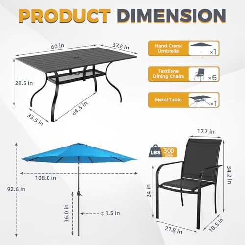 Incbruce 8 Pieces Patio Dining Set with Sky Blue Umbrella, Outdoor Dining Set of 6 Textilene Chairs and Rectangle Table with Umbrella Hole for Backyard, Garden, and Poolside (Black) - Image 5