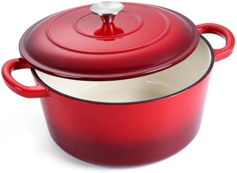 E-far Enameled Cast Iron Dutch Oven with Lid, 6 Quart Round Dutch Oven Pot Nonstick Cookware for Braising, Stews, Roasting, Bread Baking, Cooking, Heavy Duty, Induction & Oven Safe - Red by E-far