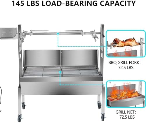36" BBQ Pig & Lamb Spit Roaster, 40W Electric Rotisserie Grill Kit with 145 LBS Load Capacity, Stainless Steel Charcoal Spit Grill with Adjustable Height & Casters for Outdoor Camping Party - Image 3