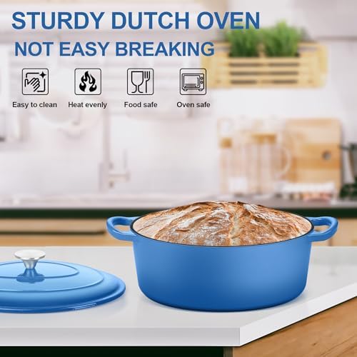 E-far 7QT Oval Dutch Oven Pot with Lid, Blue Enameled Cast Iron Dutch Oven - Image 6