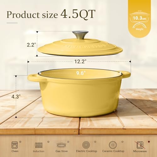 Overmont Enameled Cast Iron Dutch Oven - 4.5QT Pot with Lid Cookbook & Cotton Potholders - Heavy-Duty Cookware for Braising, Stews, Roasting, Bread Baking GooseYellow - Image 4