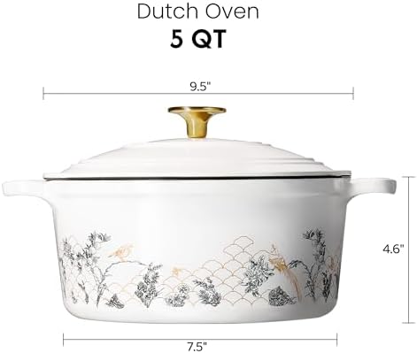 CAROTE Cast Iron Dutch Oven Pot with Lid, 5QT Enameled Floral Dutch Ovens with Gift Box, Cast Iron Pot for Sourdough Bread Baking, Braising, Stews, Roasting, All Stovetop Compatible, Oven Safe, White - Image 2