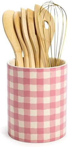 Paris Hilton Kitchen Utensils Tool Crock Set, Bamboo Cooking Tools with Gold-Finish Stainless Steel Whisk and Ceramic Stoneware Utensil Holder, Gingham Design, 7-Piece, Pink by TheWorldofParisHilton