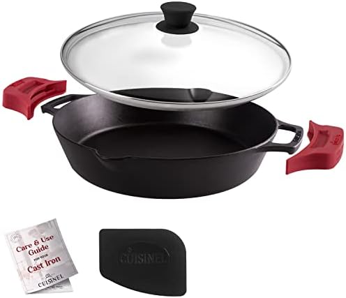 Cast Iron Skillet with Glass Lid - 12"-Inch Dual Handle Frying Pan + Pan Scraper + Silicone Handle Holder Covers - Preseasoned Oven Safe Cookware - Indoor/Outdoor Use - Grill, Stovetop, Induction Safe by Cuisinel