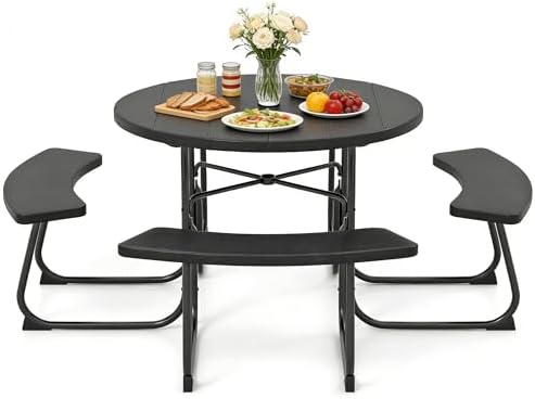 COSTWAY Round Outdoor Picnic Table with Bench Set for 4-8 People (Black) by COSTWAY