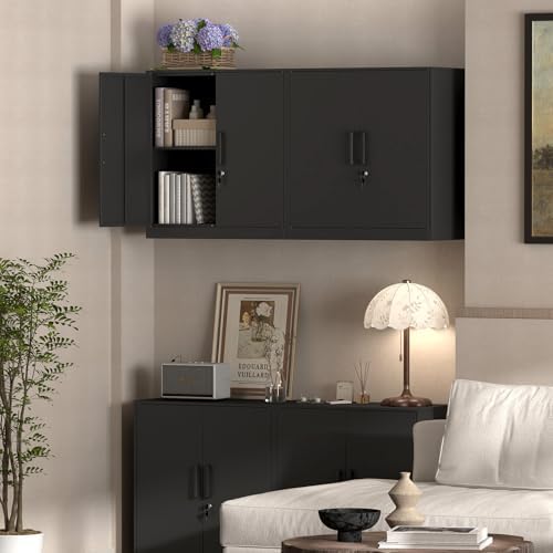 IRONFFICE Metal Wall Cabinet,Garage Cabinet with Handle,Lockable Storage Cabinets Wall Mounted with 2 Doors,Locking Cabinet with Shelves for Basement,Office,Living Home,Black - Image 2